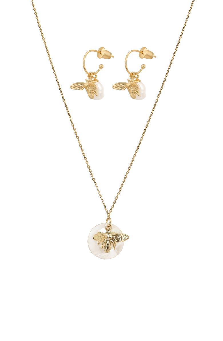 Bearfruit Jewelry Sterling Silver 18k Gold Plated Bee Cultured Pearl Necklace & Earrings Set, Main, color, Gold