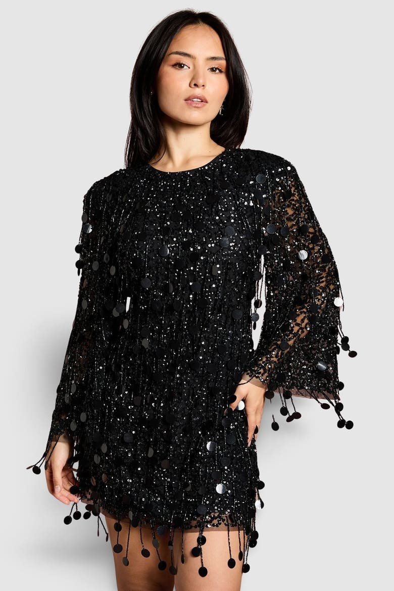 Petite Sequin Tassel Mini Dress, Main, color, Black