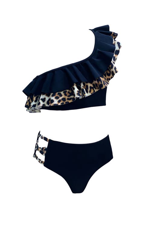 Nessi Byrd Kids'  Leopard-trim One-shoulder Ruffle Two Piece Bikini In Blue