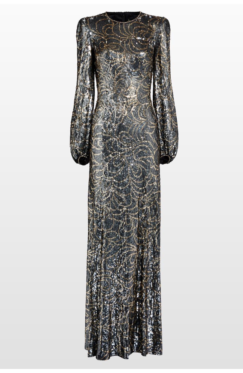 Jenny Packham Paradise sequin-embellished puff-sleeve maxi dress, Main, color, Shadow Grey