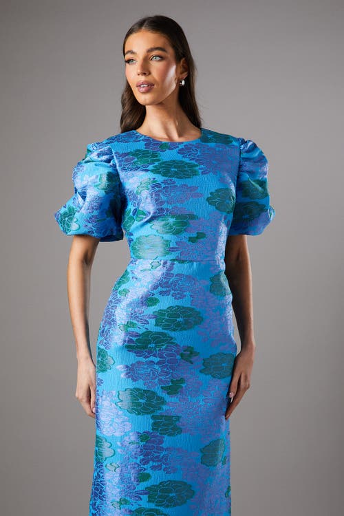 Coast Jacquard Floral Puff Sleeve Midi Dress In Blue