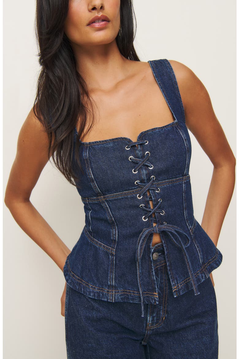 x Kacey Musgraves Dallas Organic Cotton Blend Denim Corset Top, Alternate, color, ELWOOD