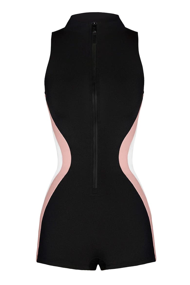 Adjustable Zip Front Short Sleeve One Piece Swimsuit, Alternate, color, Contour Black/Rose/White