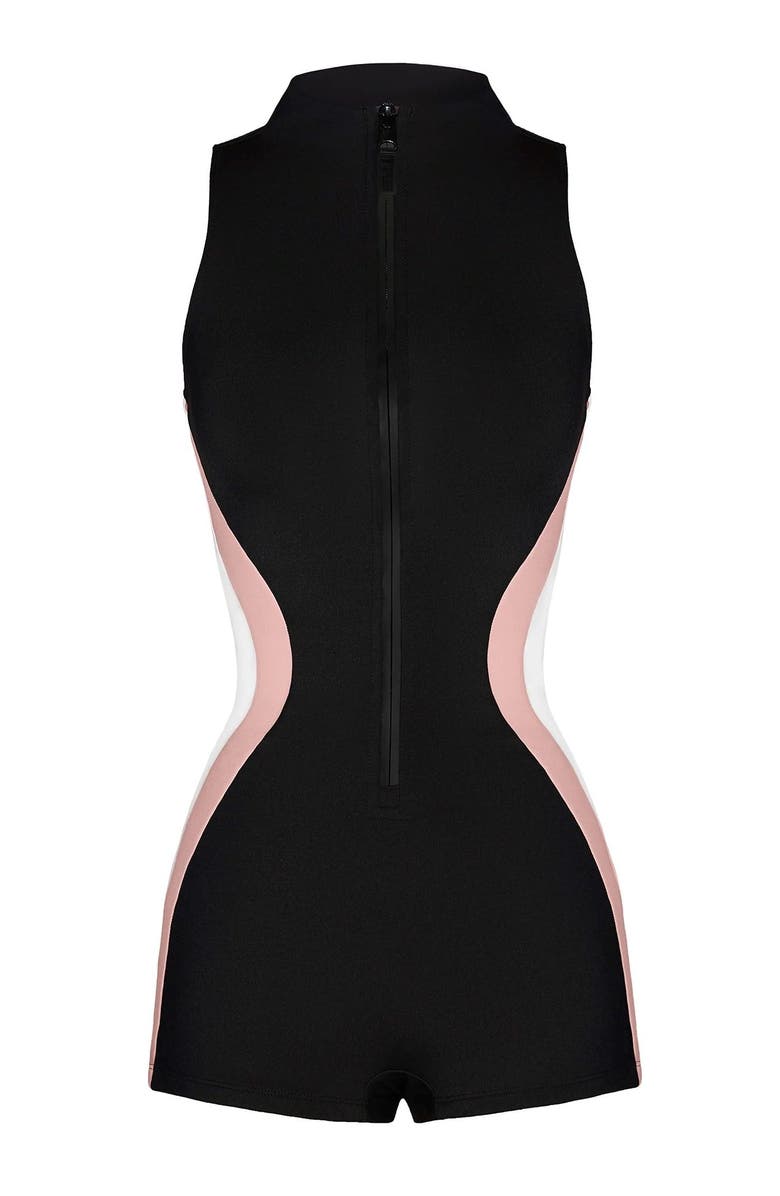 TA3 Adjustable Zip Front Short Sleeve One-Piece Swimsuit, Alternate, color, Contour Black/Rose/White