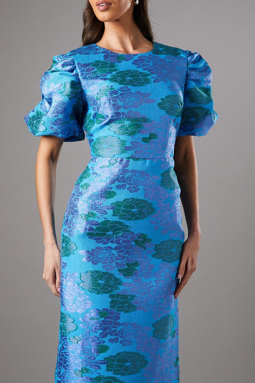 Jacquard Floral Puff Sleeve Midi Dress (Women) | Nordstrom