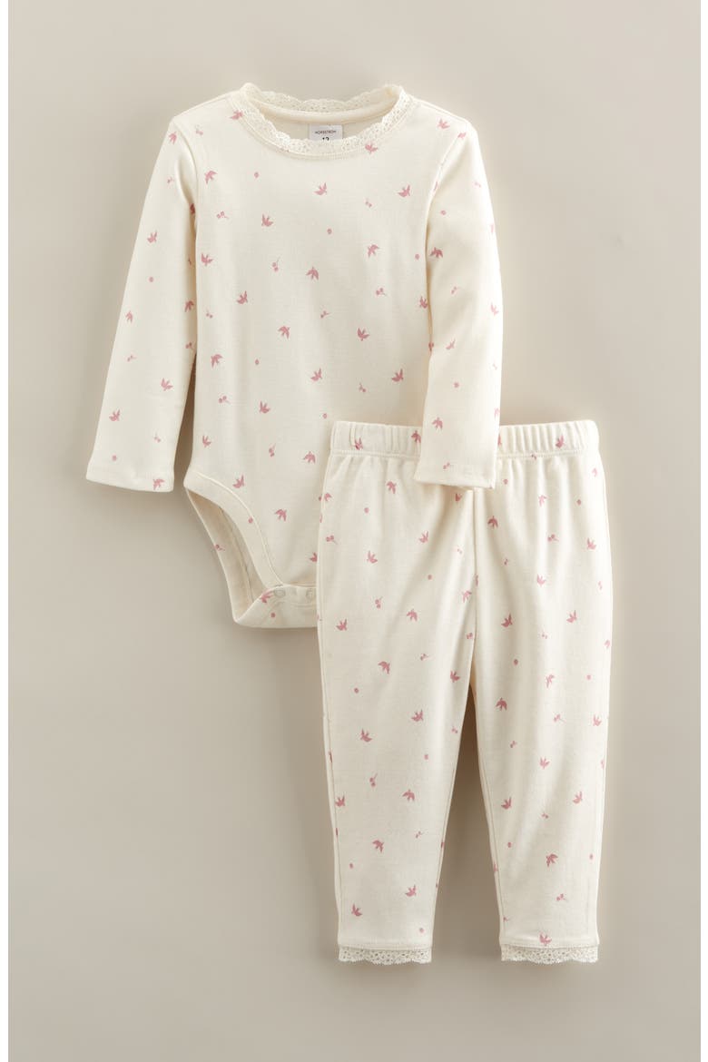 Kids' Lace Trim Print Bodysuit & Pants Set, Main, color, IVORY EGRET SPARROWS