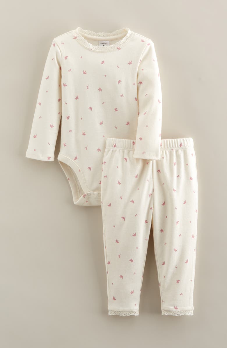 Nordstrom Kids' Lace Trim Print Bodysuit & Pants Set, Main, color, Ivory Egret Sparrows
