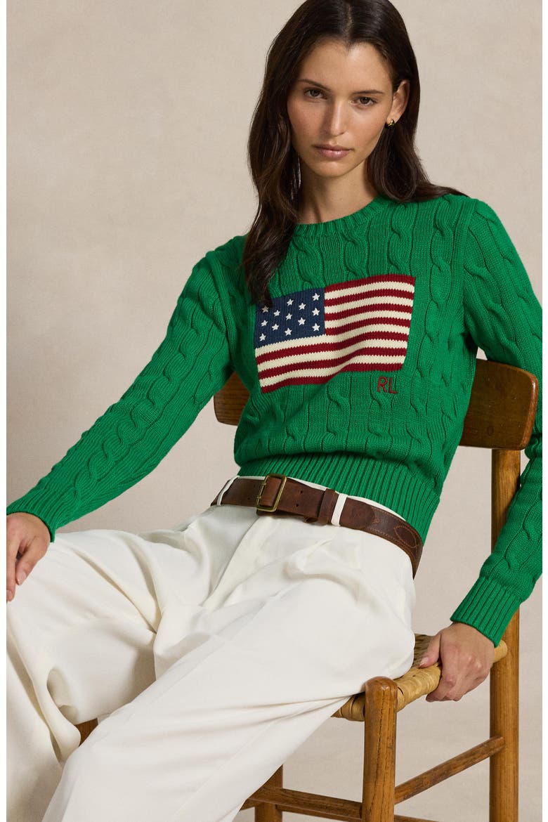 Flag Intarsia Cable Stitch Crewneck Sweater, Alternate, color, BILLIARD