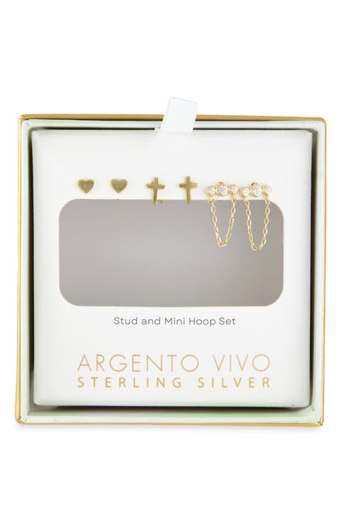 Pack of 3 Assorted Studs & Crystal Chain Drop Earrings Set