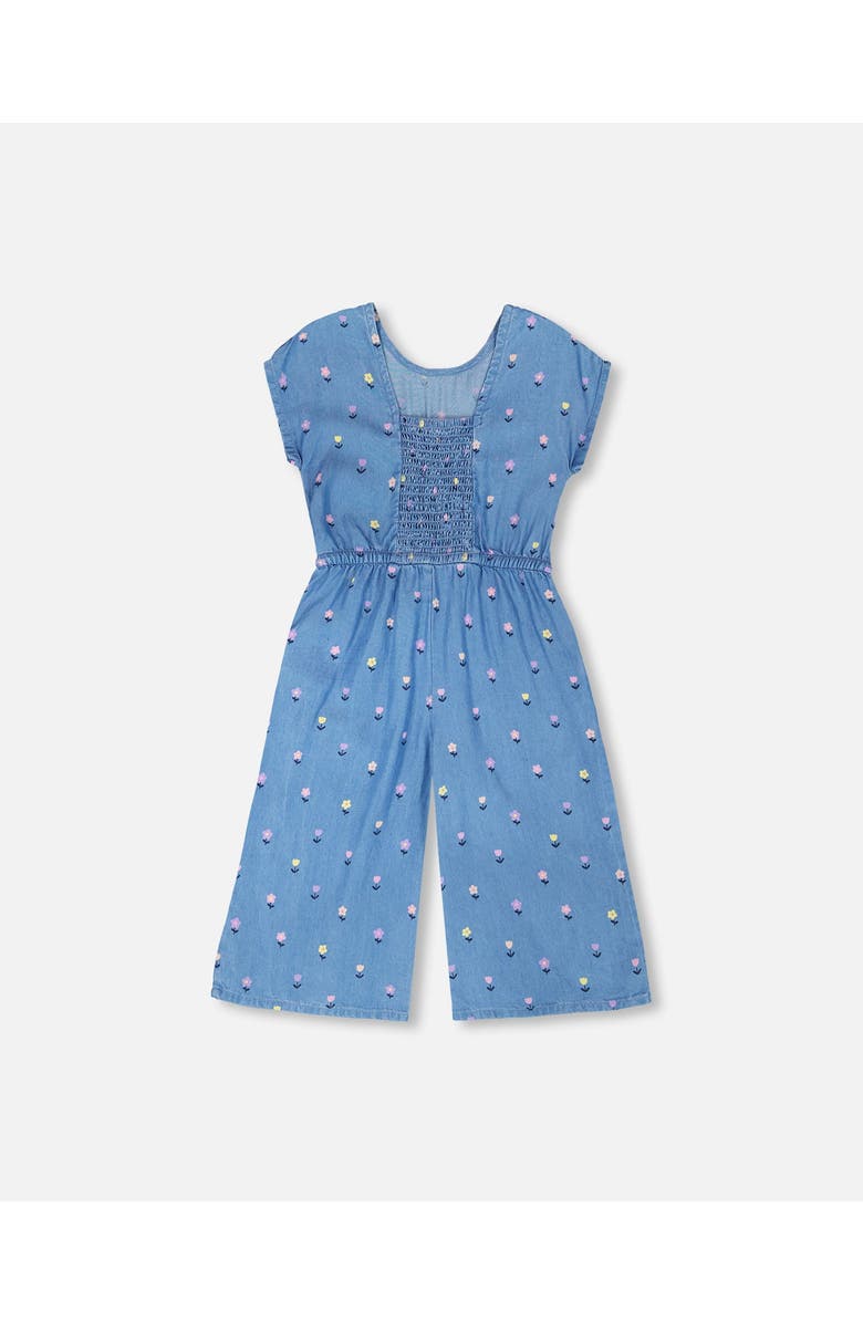 Deux par Deux Short Sleeve Chambray Flower Jumpsuit, Main, color, Blue Floral Print
