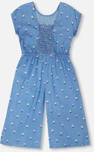 Deux par Deux Short Sleeve Chambray Flower Jumpsuit