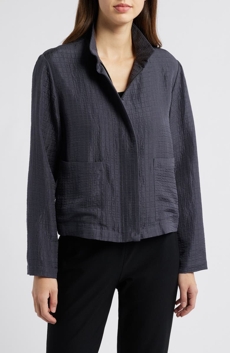 Eileen Fisher Stand Collar Silk & Organic Linen Jacket, Alternate, color, Ebony