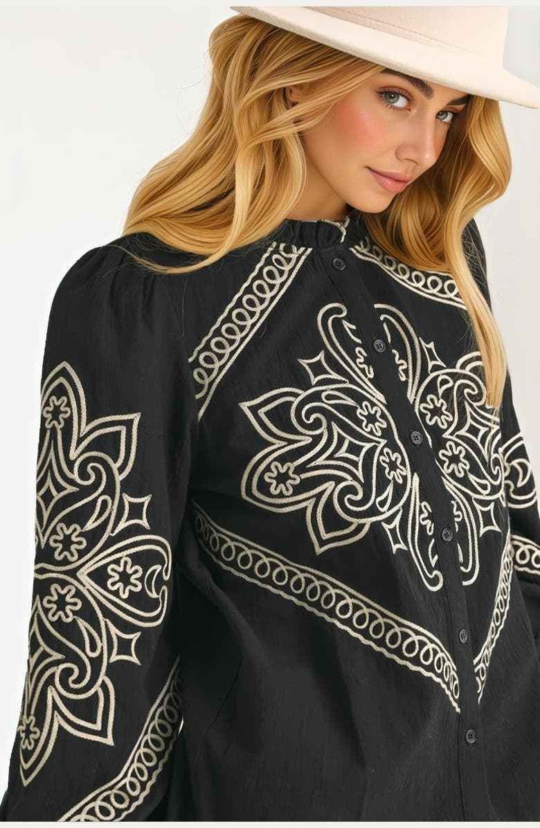 Knit and Lounge Embroidered Western Button-Up Blouse, Alternate, color, Black