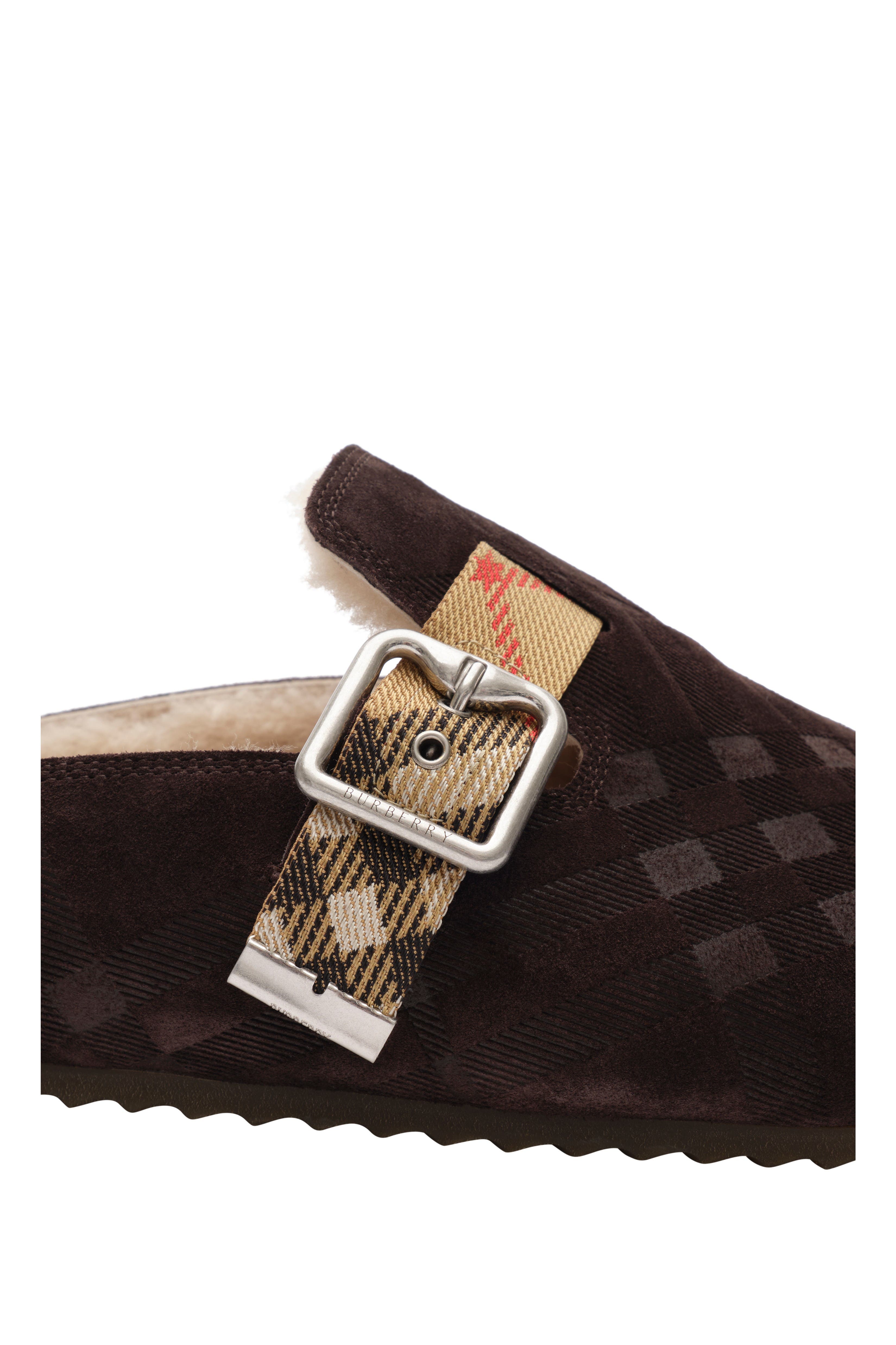 Burberry Check Shearling Urchin Clogs, Alternate, color, Moorhen Brown