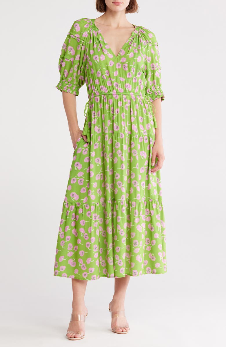 AREA STARS Tassel Tie Midi Dress, Main, color, Pink Green Floral Print