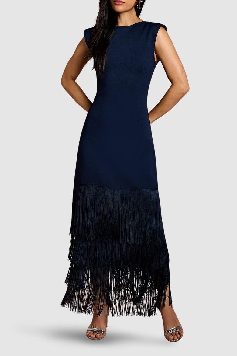 Bandage Knit Fringed Hem Midi Dress, Alternate, color, Navy