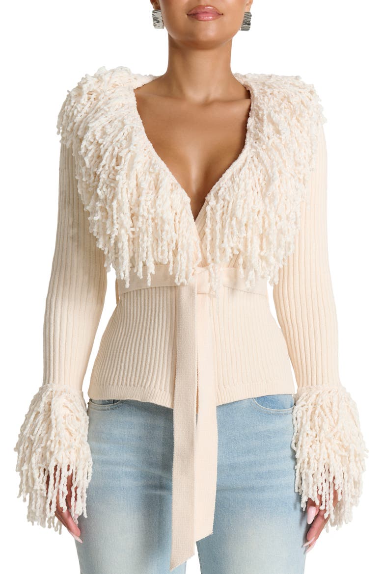 Fringe Tie Waist Chenille Cardigan, Main, color, BONE