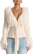 Naked Wardrobe Fringe Tie Waist Chenille Cardigan