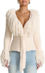 Naked Wardrobe Fringe Tie Waist Chenille Cardigan