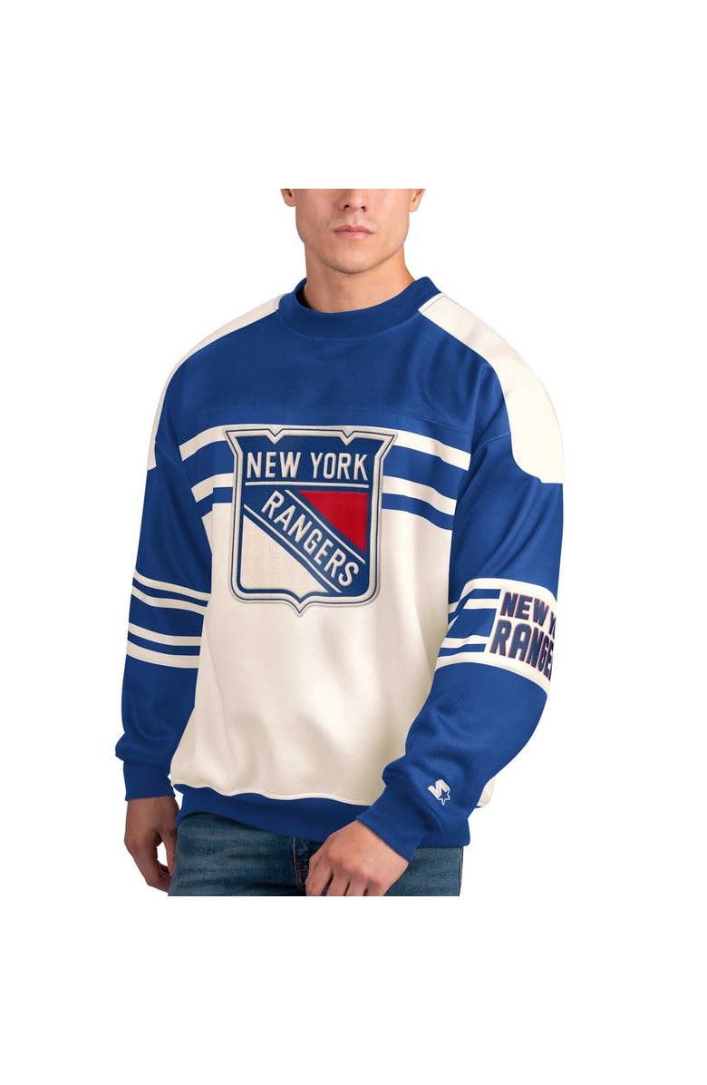 STARTER Men's Starter White New York Rangers Defense Fleece Crewneck Pullover Sweatshirt, Main, color, 