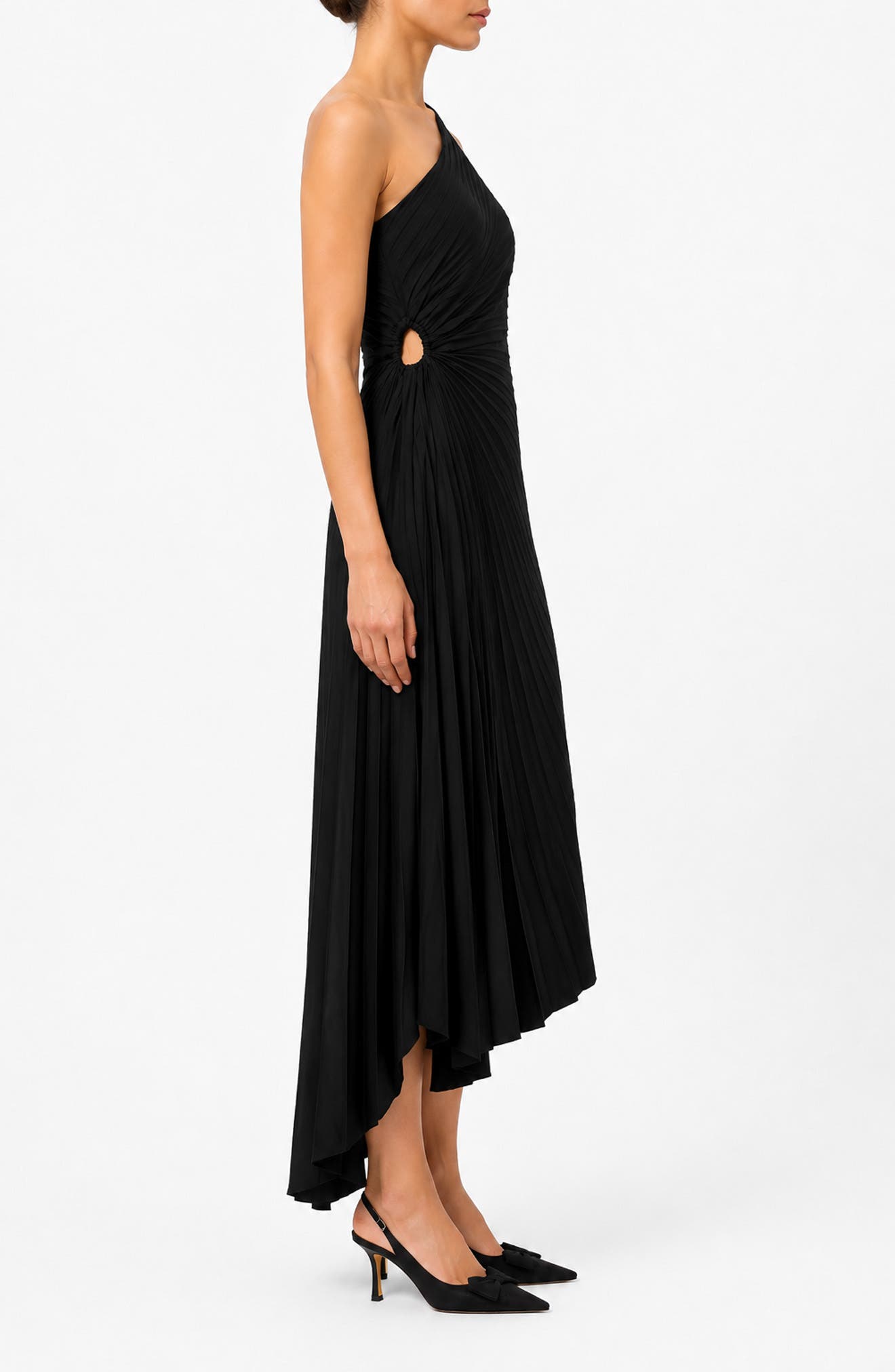 Nicole Miller Satin Pleat One Shoulder Midi Dress (Women
