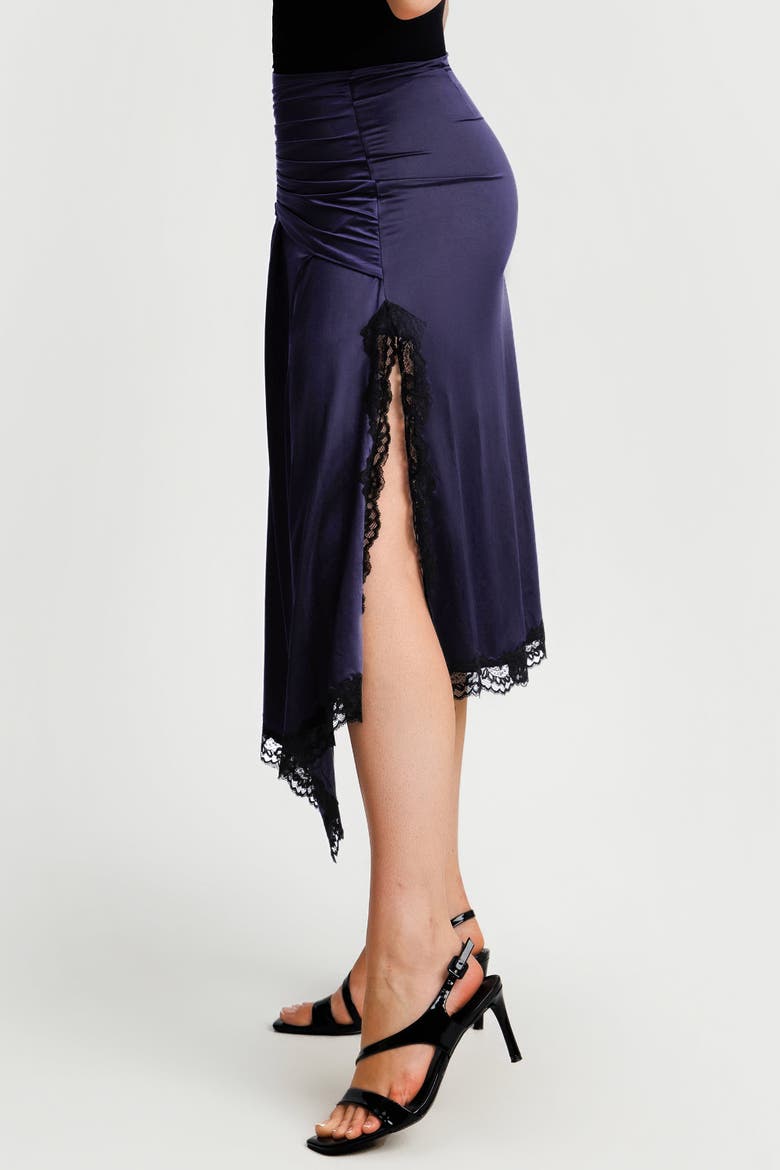 Built In Shapewear Satin Ruched Mermaid Skirt with Lace Trim, Alternate, color, Cambridge Blue