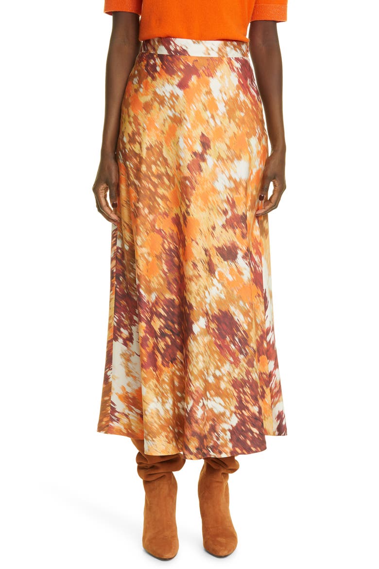 Sumner Autumn Haze Silk & Wool Twill Midi Skirt, Main, color, EMBER ORANGE MULTI