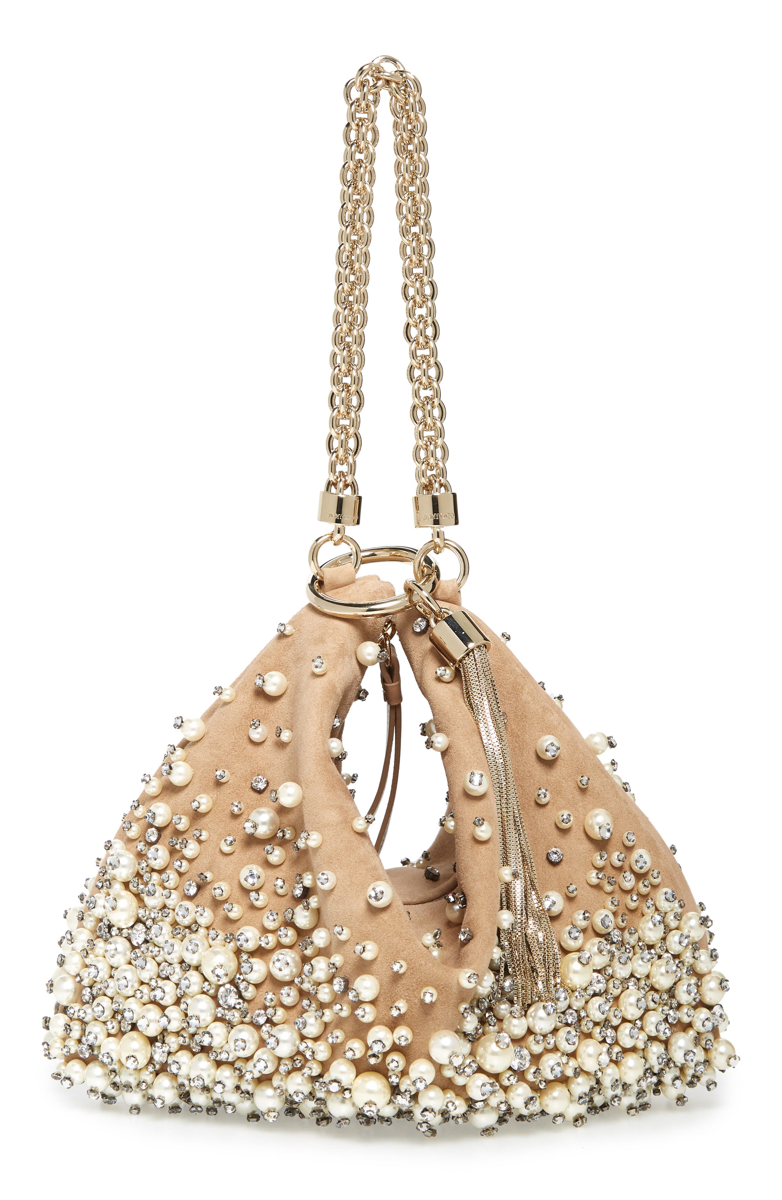 Jimmy Choo Callie Degradé Imitation Pearl Embellished Suede Clutch, Main, color, 