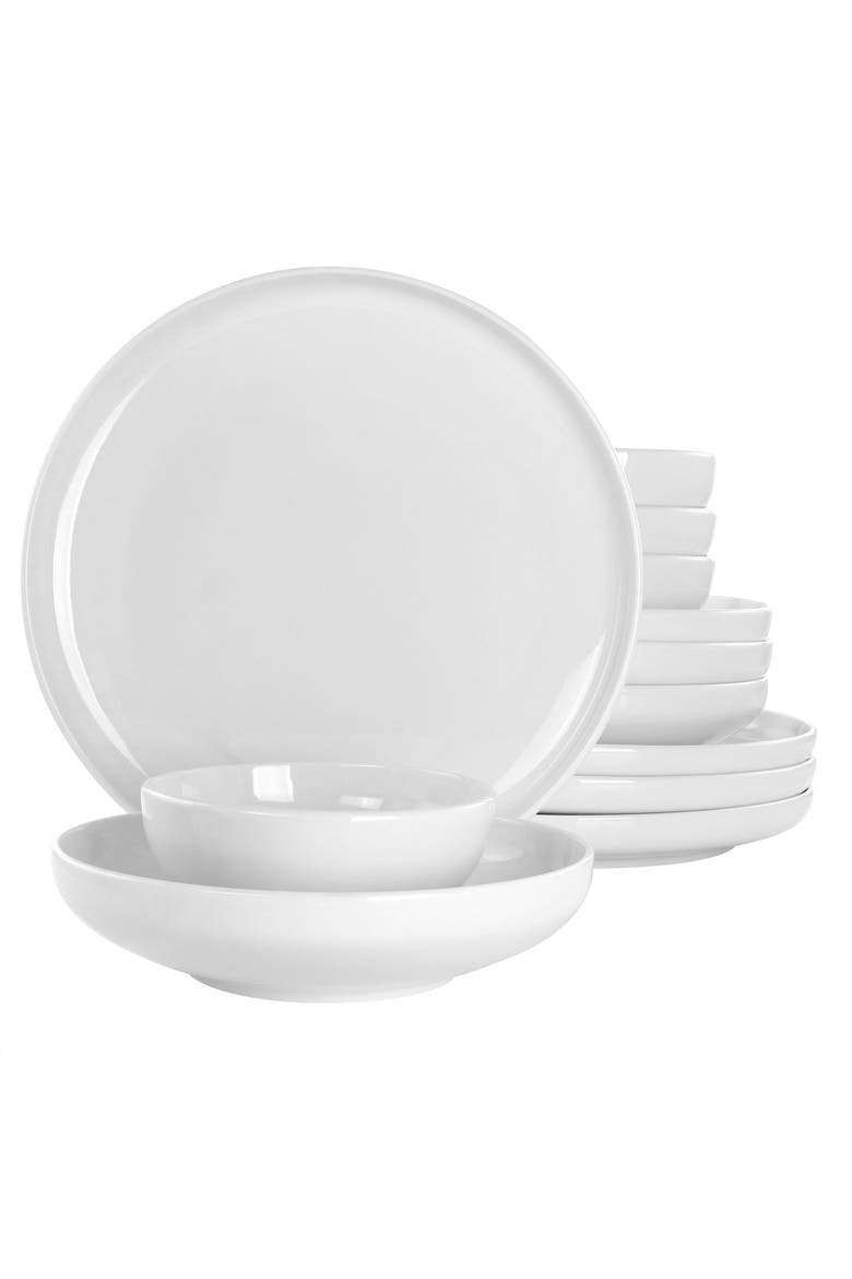 12 Piece Fine Ceramic Dinnerware Set in Bright White, Main, color, White