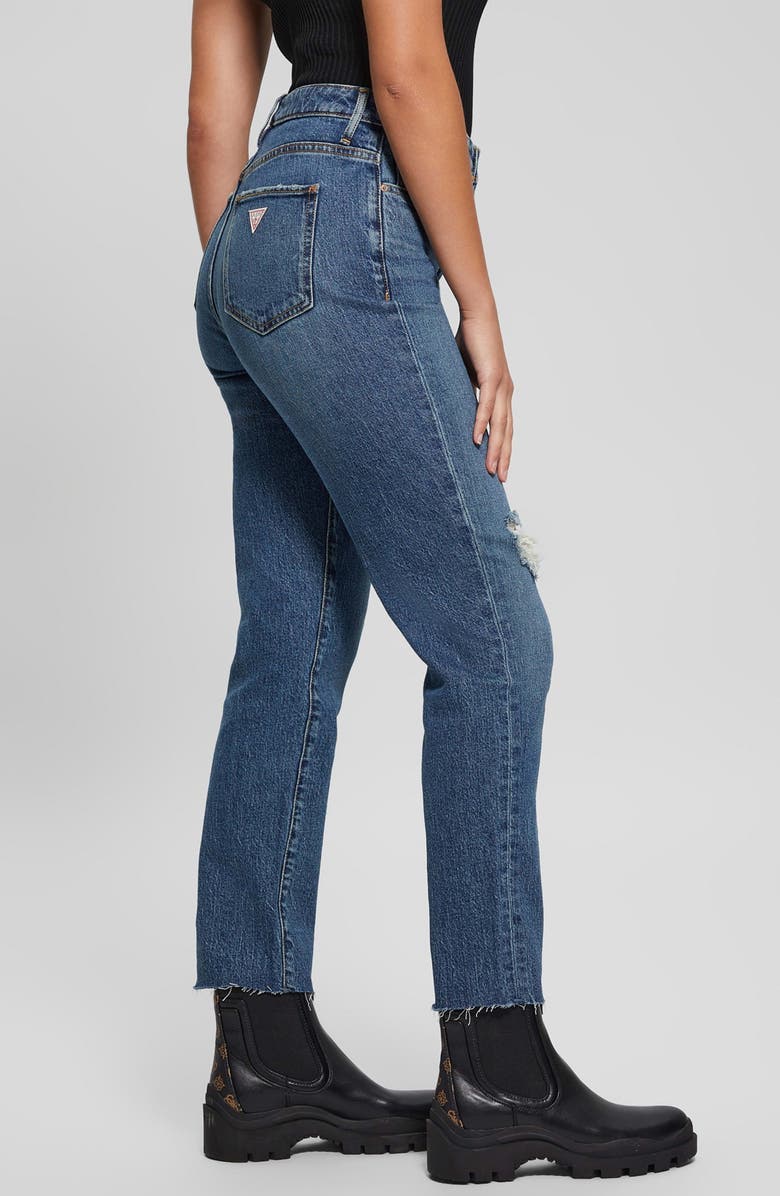 GUESS High Waist Distressed Raw Hem Ankle Mom Jeans, Alternate, color, Winx