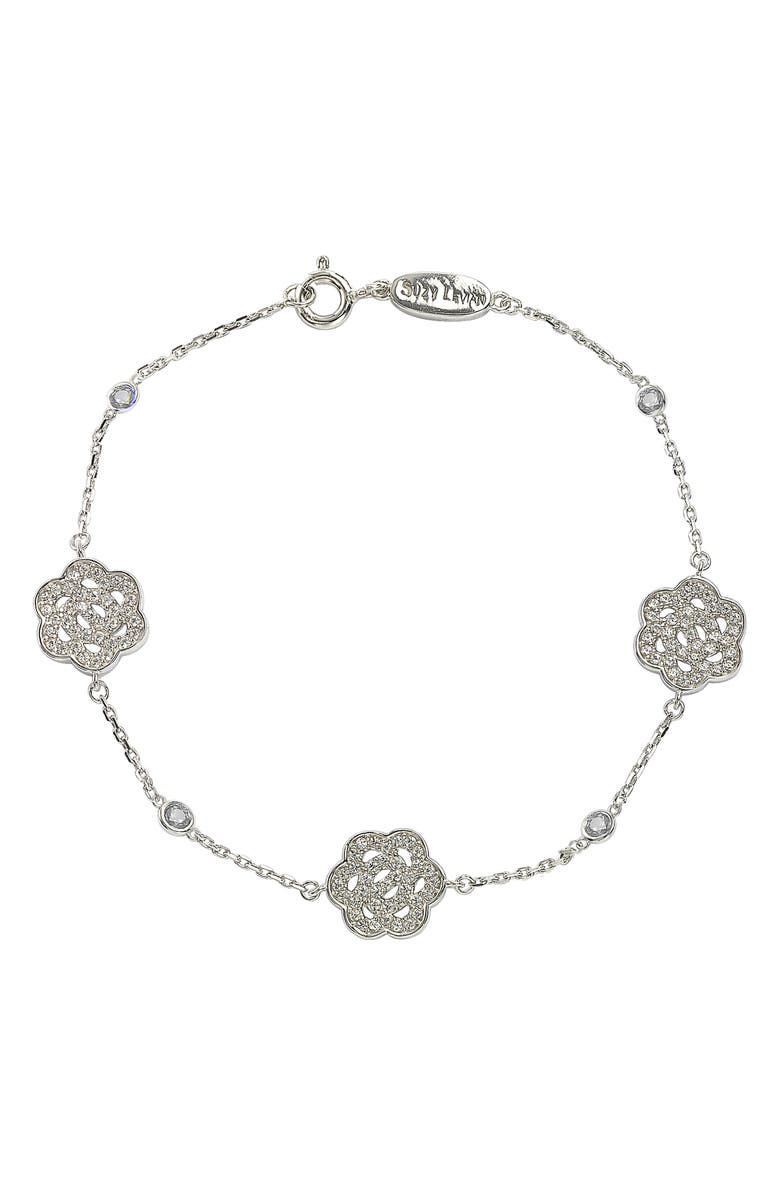 SUZY LEVIAN Sterling Silver Sapphire & Diamond Accent Flowers Station Bracelet, Main, color, White