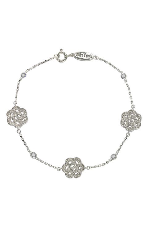 Sterling Silver Sapphire & Diamond Accent Flowers Station Bracelet
