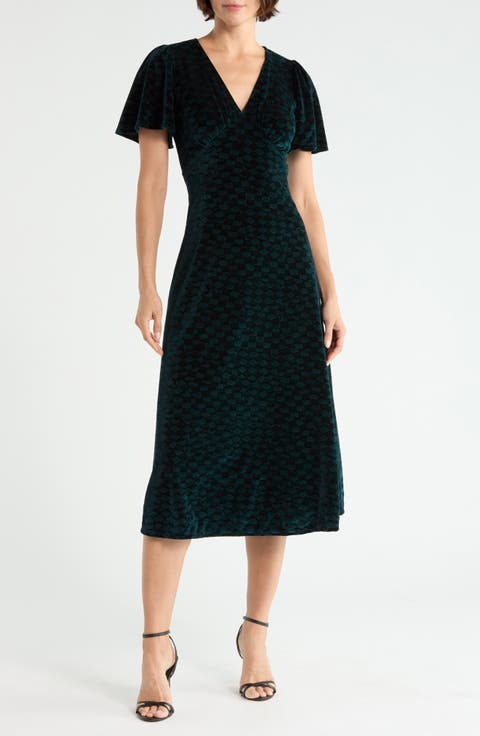 Flutter Sleeve Velvet Midi Dress