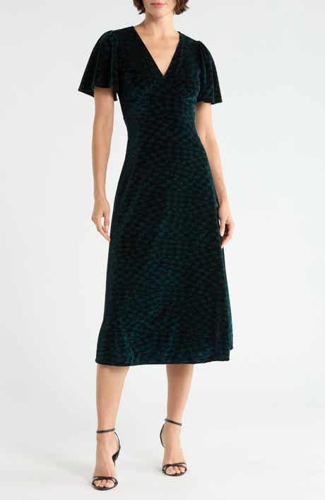 Flutter Sleeve Velvet Midi Dress