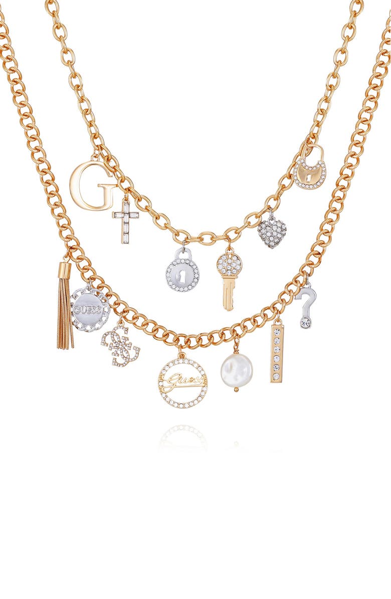 GUESS Crystal Charm Layered Necklace, Alternate, color, Two Tone