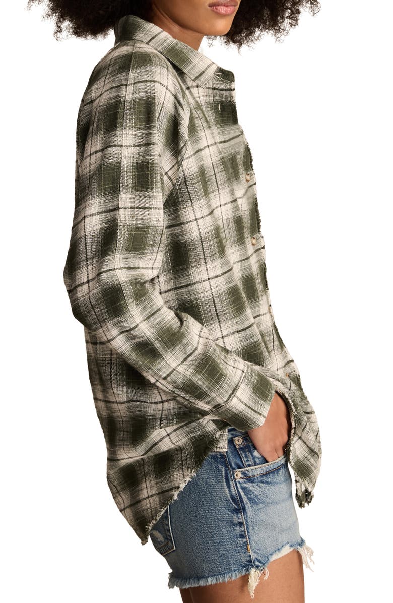 Lucky Brand Frayed Plaid Button-Up Tunic Shirt, Alternate, color, Olive Green Plaid