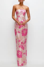 Alfred Sung Metallic Floral Jacquard Strapless Column Gown