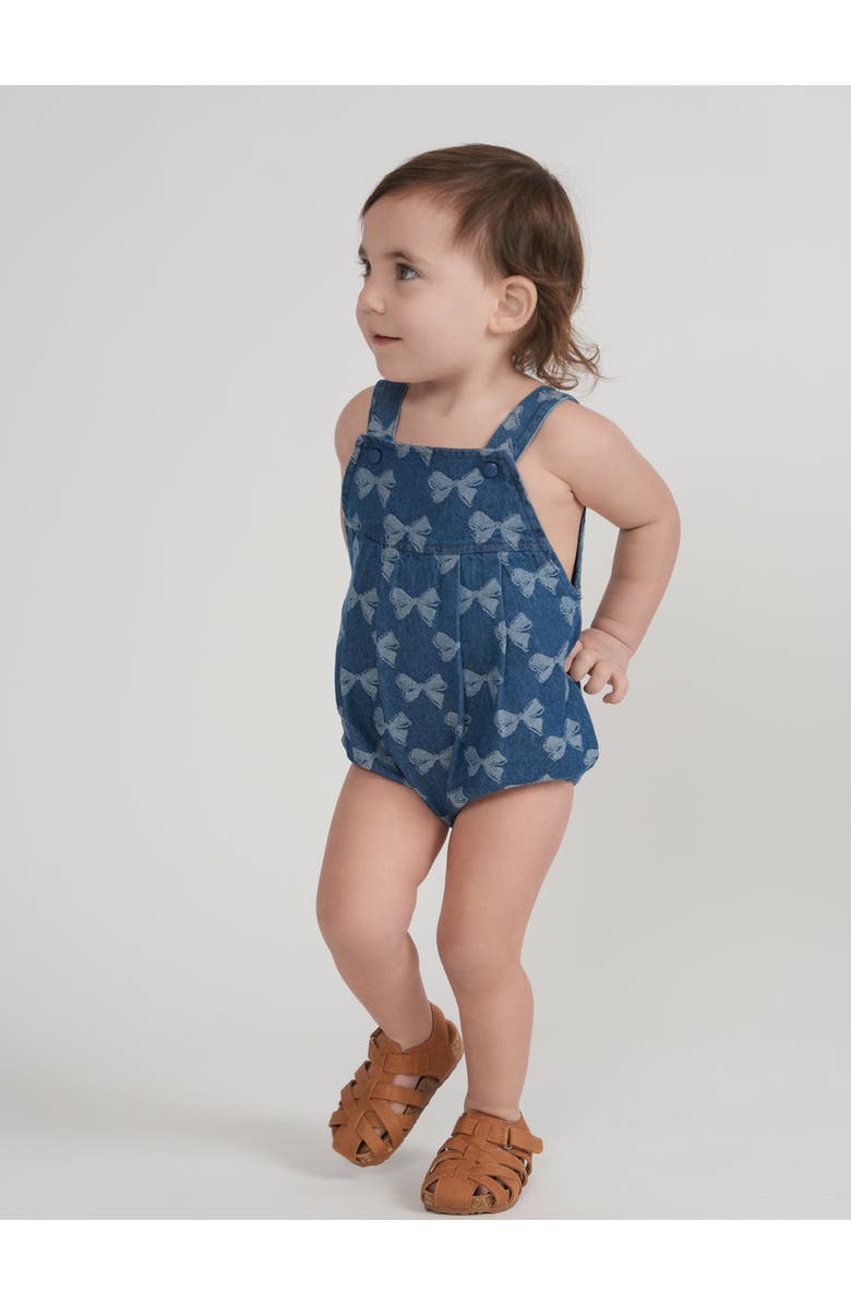 Puddles Girl Bow Denim Button Bottom Elastic Leg Overall, Alternate, color, Light Denim