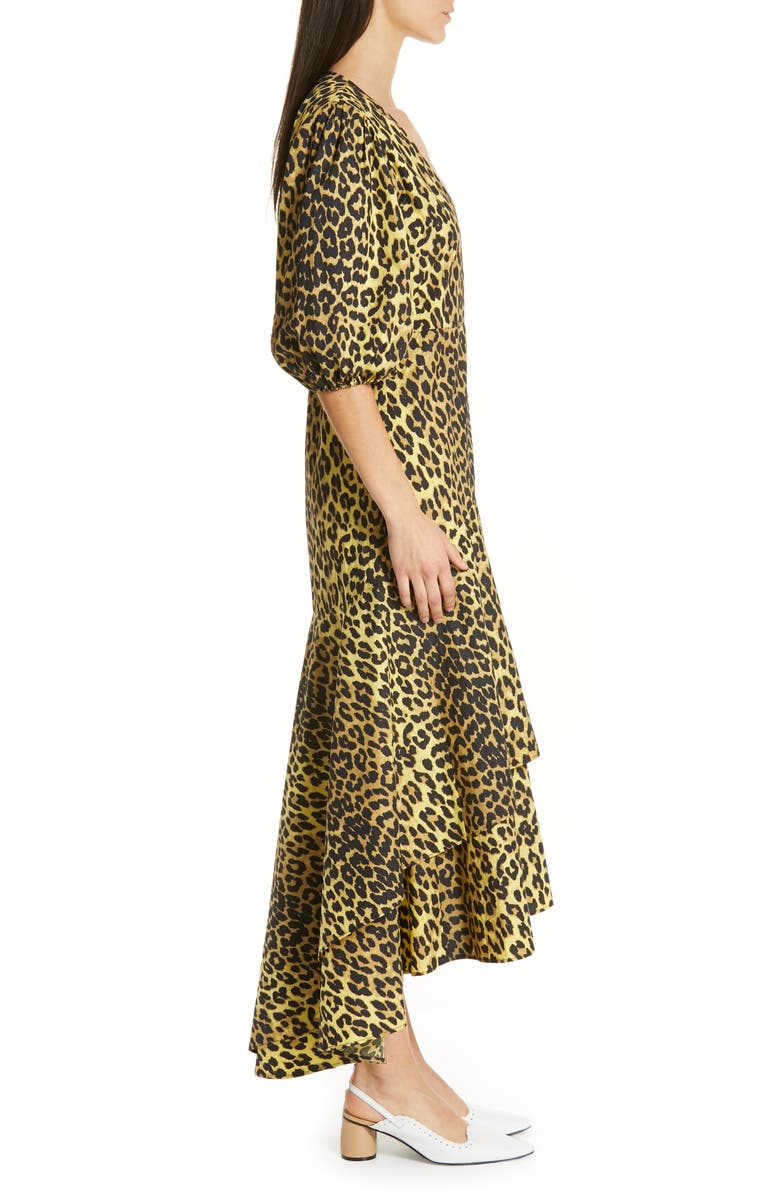 Ganni Leopard Print Cotton Wrap Dress, Alternate, color, 