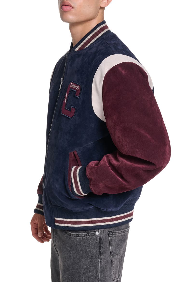 Faux Suede Varsity Bomber Jacket, Alternate, color, NAVY