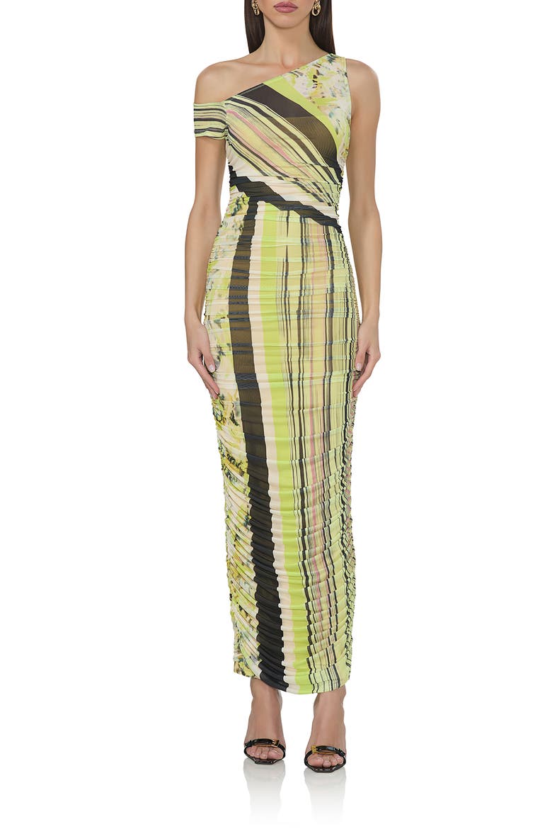 Biona One-Shoulder Ruched Mesh Maxi Dress, Main, color, WING STRIPE