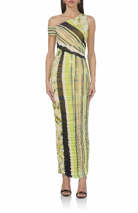 AFRM Biona One-Shoulder Ruched Mesh Maxi Dress