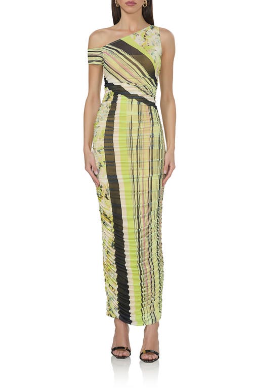 Afrm Biona One-shoulder Ruched Mesh Maxi Dress In Wing Stripe