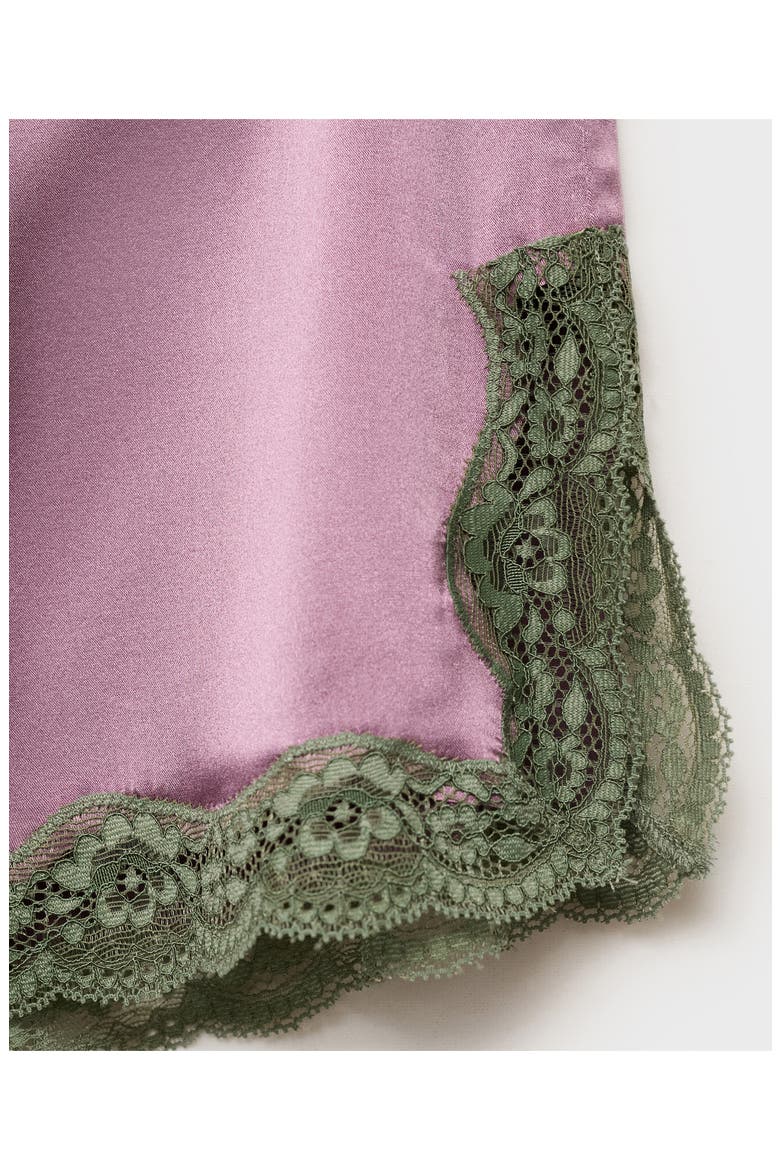 Contrast Lace Trim Stretch Silk Pajama Shorts, Alternate, color, PLUM