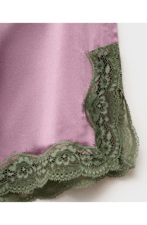 Mango Contrast Lace Trim Stretch Silk Pajama Shorts In Purple