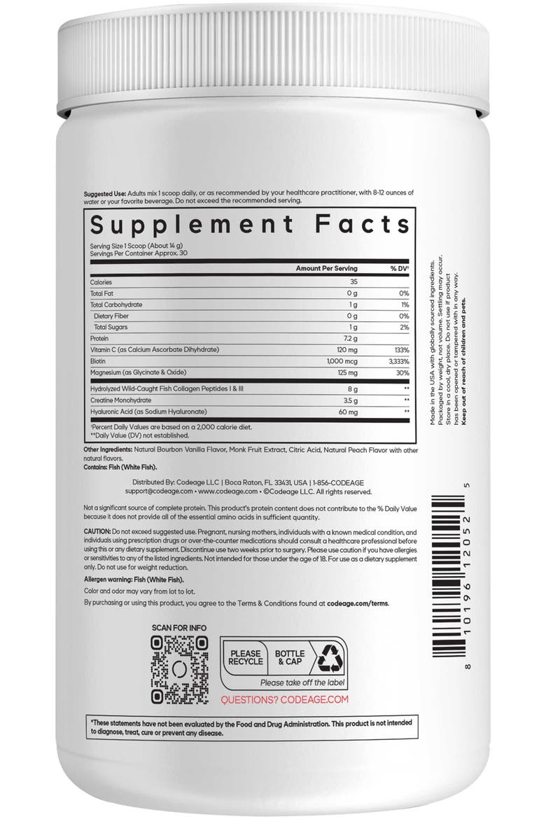 Creatine Collagen Peptides, Biotin, Magnesium, Hyaluronic Acid, Vit C, Vanilla Flavor, Alternate, color, White