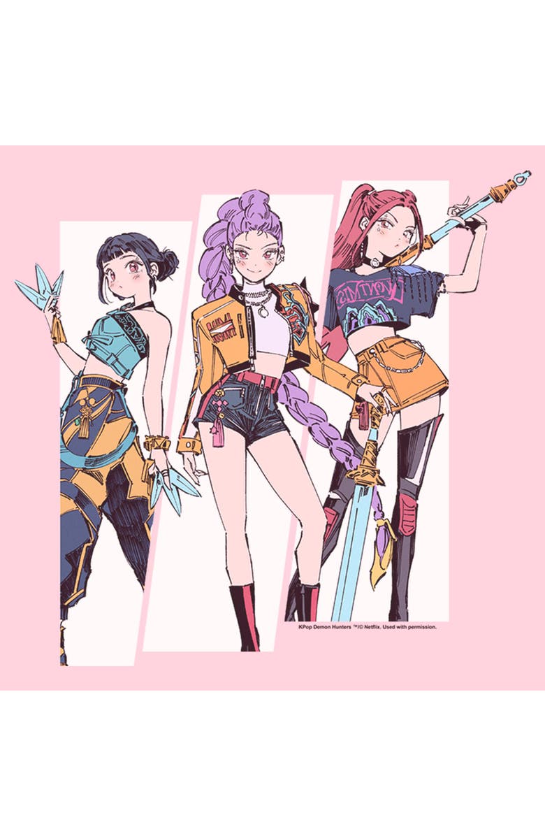 KPop Demon Hunters Junior's KPop Demon Hunters Huntrix Manhwa Style Graphic T-Shirt, Alternate, color, Light Pink