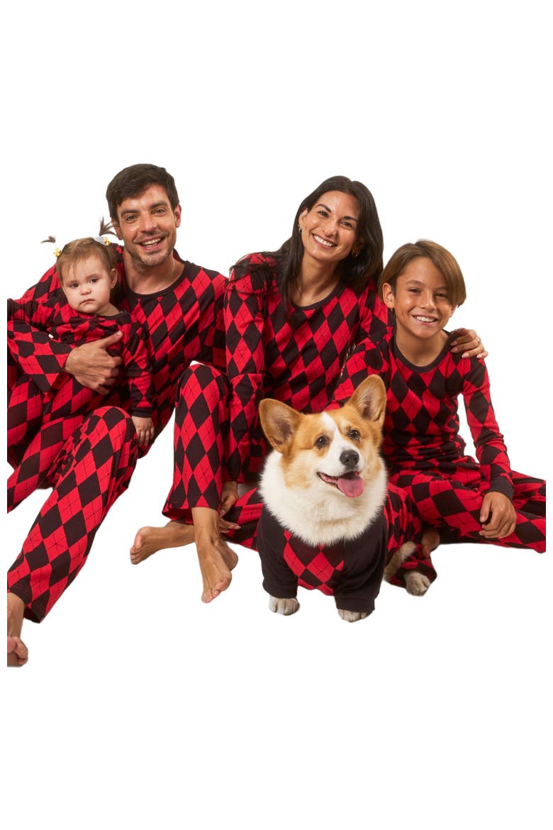 Kids Footed Printed Cotton Matching Family Holiday Pajamas, Argyles & Holiday Prints, Alternate, color, Argyle Black & Red