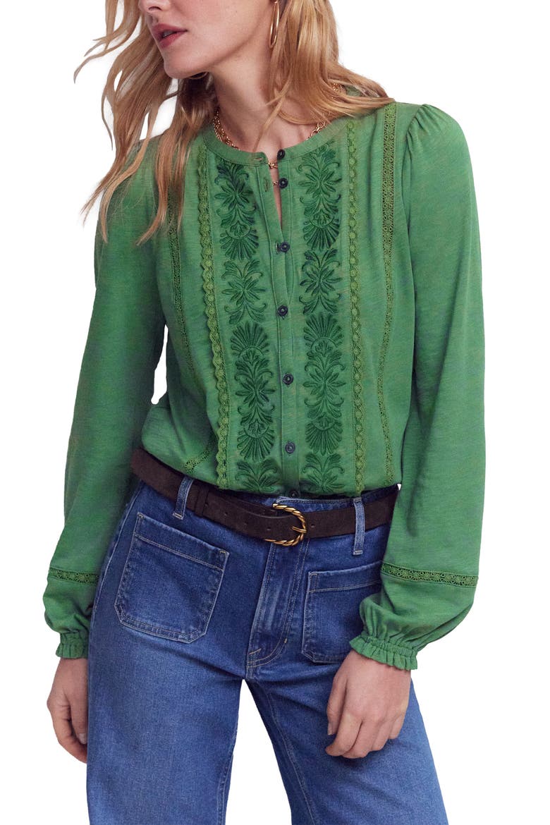 Sophie Embroidered Button-Up Shirt, Main, color, WILLOW GREEN