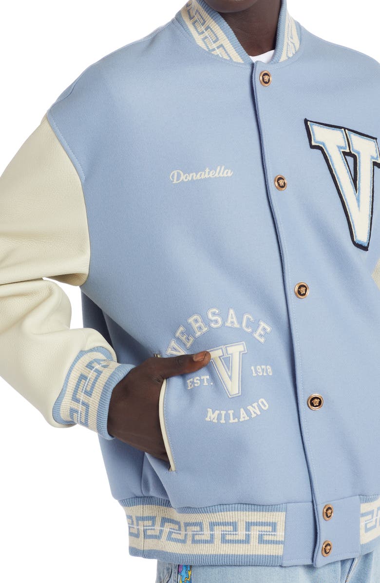 Versace Wool Blend Varsity Jacket with Leather Sleeves, Alternate, color, 